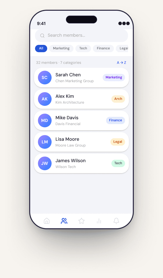 Member directory in Trubiz app