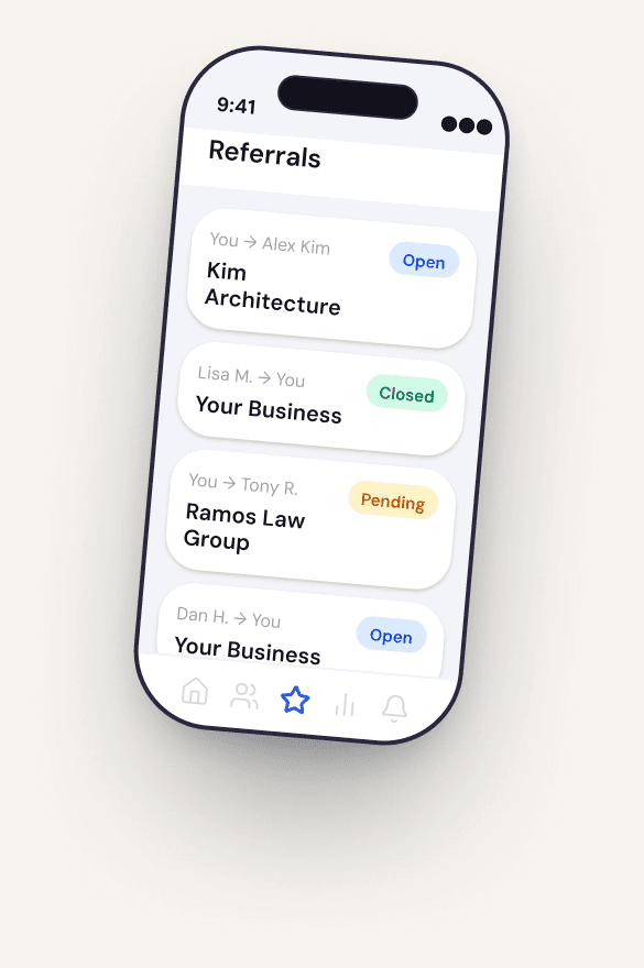 Trubiz app — referrals and meetings view