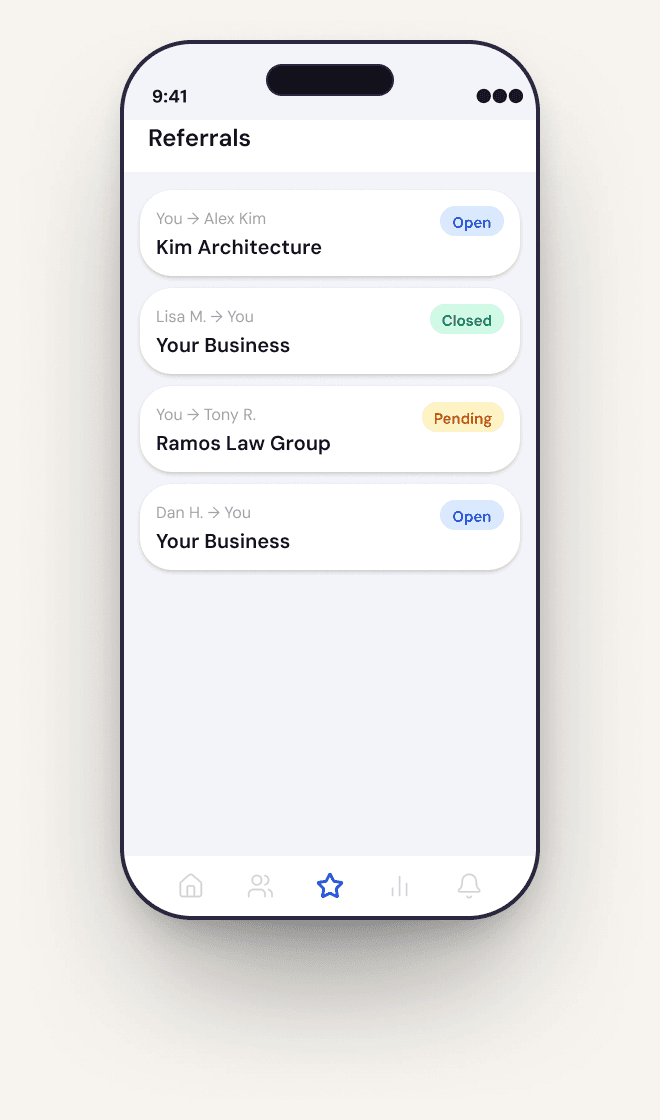 Referrals view in Trubiz app